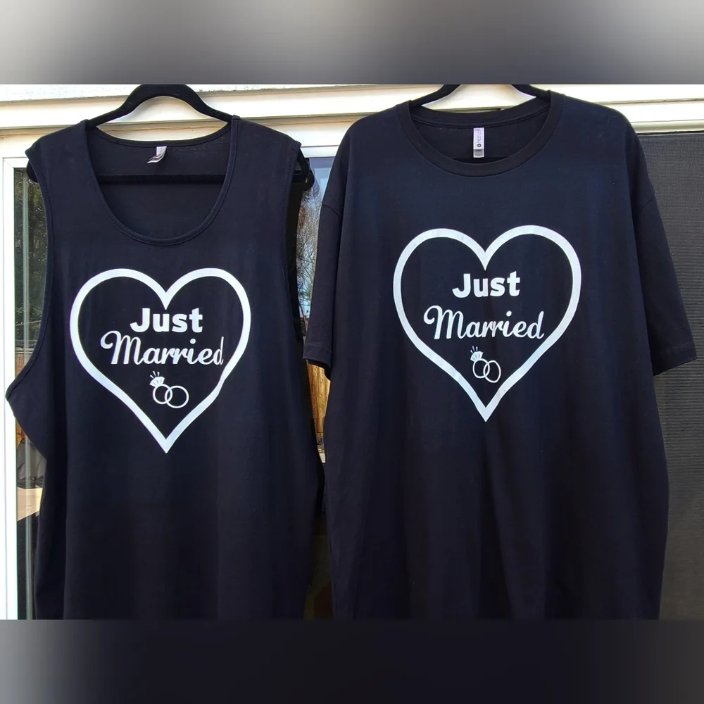 Matching “Just Married” Hubby & Wifey Black Shirts Bundle - Set of 2 XXL 18/20 - Picture 1 of 16